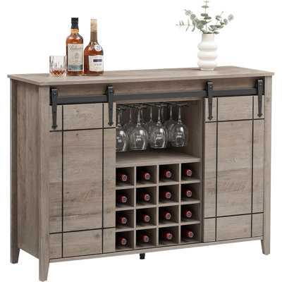 Farmhouse Wine Bar Cabinet with Sliding Barn Door 47 inch Kitchen Coffee Bar Cabinet with Wine and Glass Rack Storage Shelves Rustic Buffet Sideboard for Dining Room Living Room Kitchen Grey