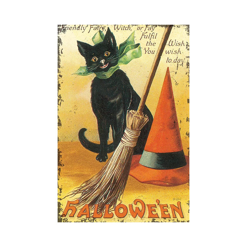 «Halloween Nostalgia Cat with Broom» - reproduction d'art murale - toile tendue