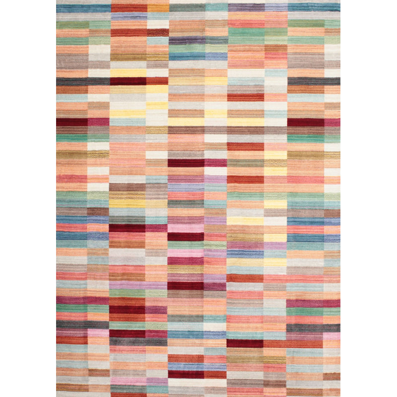 Tapis contemporain rose clair / rouge, Rectangle 7 pi x 10 pi