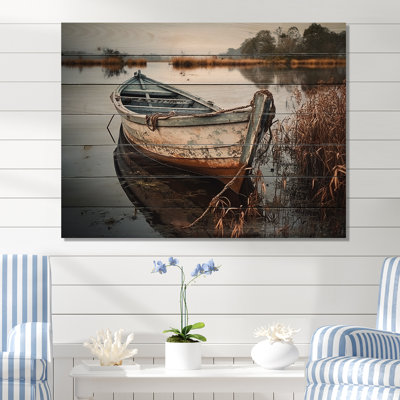 «Coastal Boat Charm In Autumn» - art mural en bois sur un bois de pin naturel