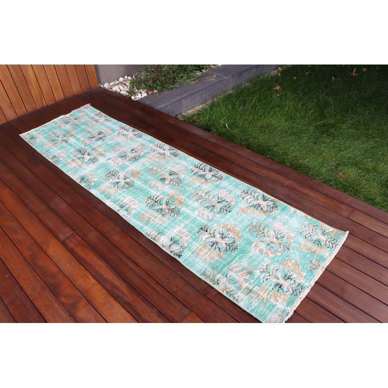 Tapis de couloir turc fait à la main avec motif floral vert pour un décor coloré de couloir bohème
