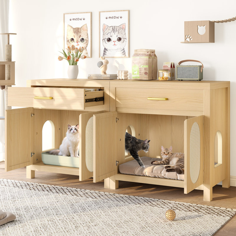 Enceinte de litière pour chat avec portes à griffes et rangement, mobilier pour animaux multifonctionnel, Naturel