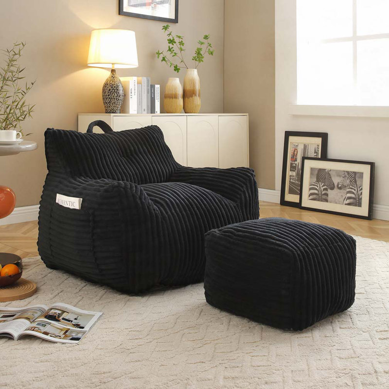 Fauteuil à billes avec repose-pieds Corduroy, Noir