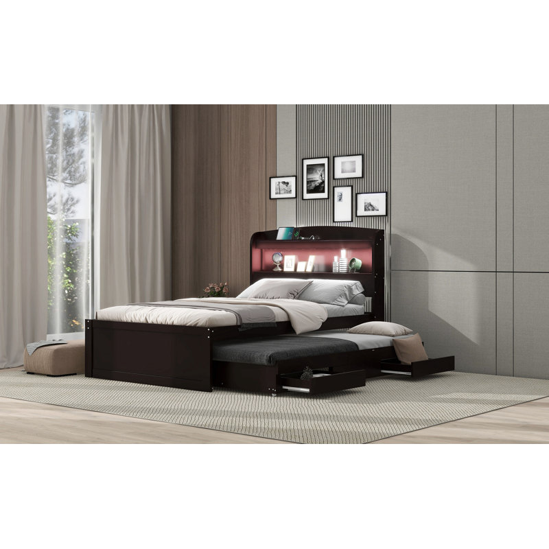 Bed With Trundle, Drawers and Outlet, Full, Brown