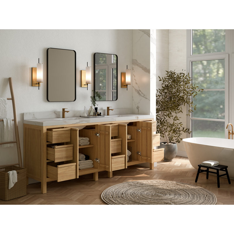 Elizabeth Light Brown Teak Double Bathroom Vanity with White Quartz Top