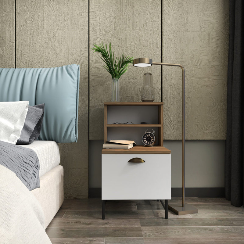Modern Nightstand with Walnut & White Finish, 17.7 x 32.7 x 8.9 Inches | 100% Melamine Coated Particle Board, Thickness: 0.7 Inches | Stylish and Functional Storage Solution for Bedroom & Living Room