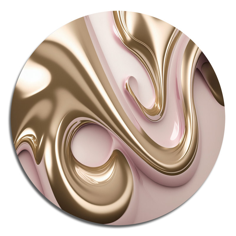 Subtile sophistication en rose exquis et doré, art mural rond abstrait à l'encre liquide sur métal, L 23 po x H 23 po