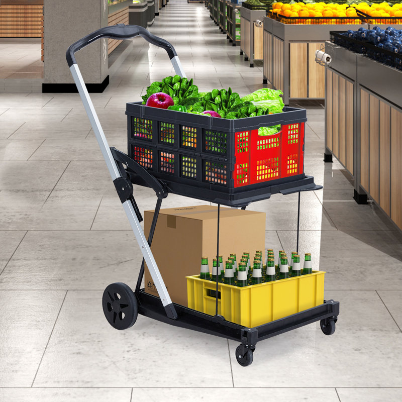 2 Tier Collapsible Shopping Cart On Wheels, Portable Folding Grocery Cart with Removable Crate, Red