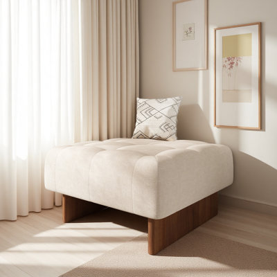 Square Upholstered Tufted Linen Fabric Ottoman, Solid Wood Legs
