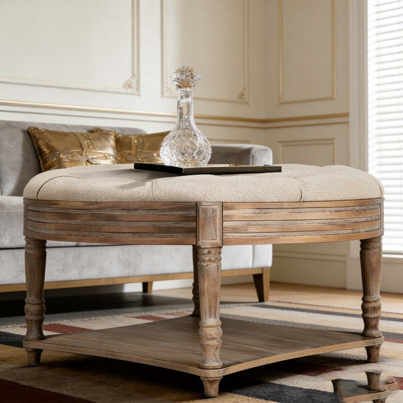 Waterproof Two-Tier Ottoman Coffee Table Button Tufted Storage Shelf, Grey/ khaki