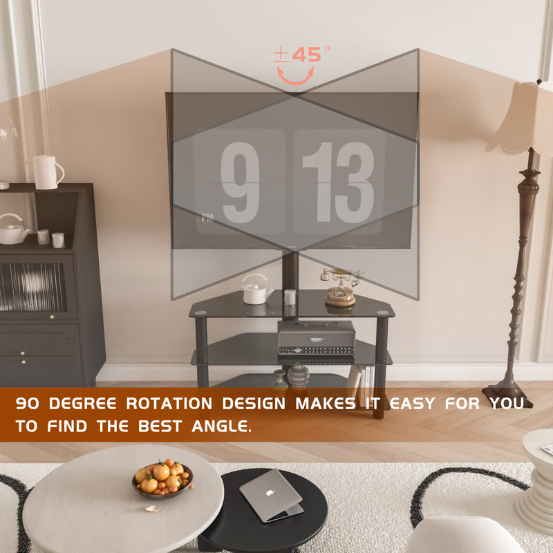 Meuble télé de coin pivotant avec 3 tablettes, meuble télé de plancher réglable pour 32 à 70 po, meuble télé universel robuste avec verre trempé et gestion des câbles pour le salon