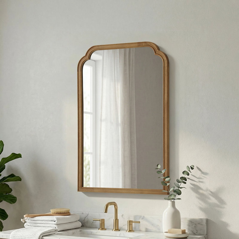 Ancalin Solid Wood Arched Wall Mirror, 36" x 24", Natural Wood