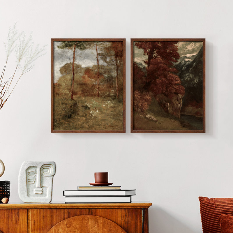 «Vintage Landscape XXV», impression giclée sur cadre - ensemble de 2, Noyer, H 23 po x l 58 po