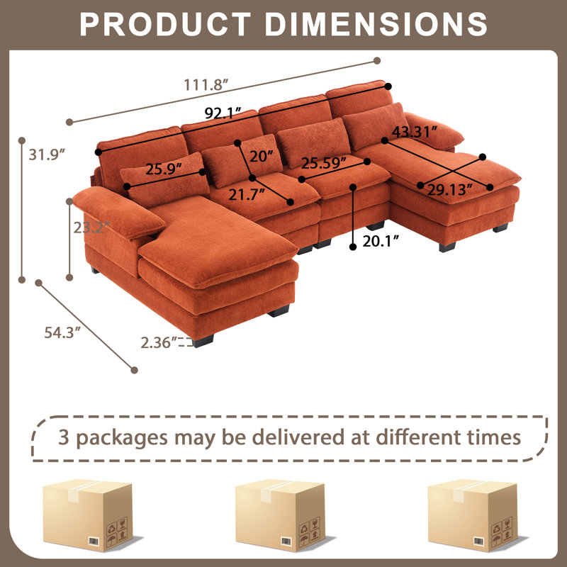 Balendin 111.8'' Soft U-Shape Sectional Couch Upholstered Sofa, Comfy Modular Cloud Couch, Red Orange Chenille