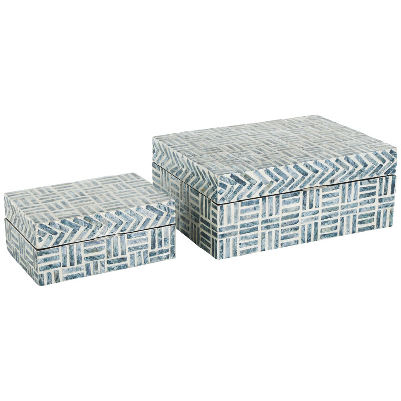 Ninon Blue Mother of Pearl Shell Geometric Handmade Mosaic Storage Decorative Box, Set of 2