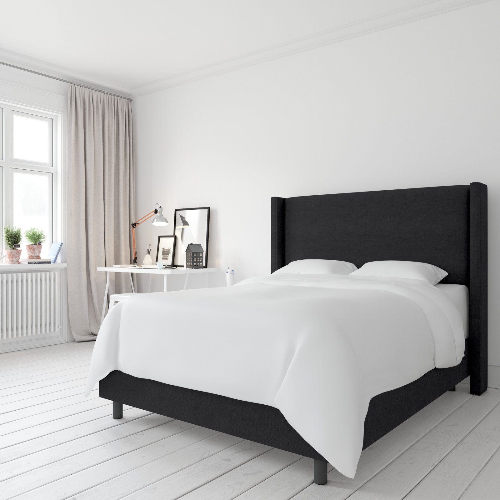 Hanson Upholstered Wingback Bed, Queen, Classic Black Linen