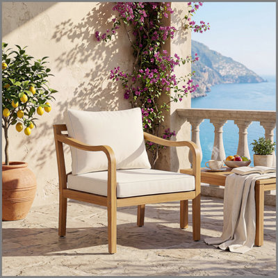 Fauteuil club de patio en bois d'acacia, siège de 24 po de profondeur avec coussin moelleux, adapté aux porches, jardins, arrière-cours et balcons (finition teck + coussin beige)