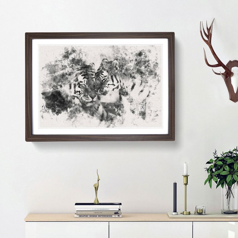 Two Snuggling Tigers - Single Picture Frame Print on MDF, 33cm H x 45cm W x 2cm D, Walnut