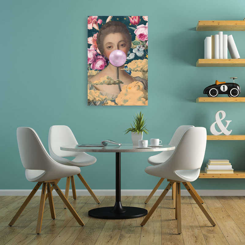 Affiche murale fleurie surréaliste avec motif de gomme à mâcher, portrait classique, onirique et élégant de fleurs