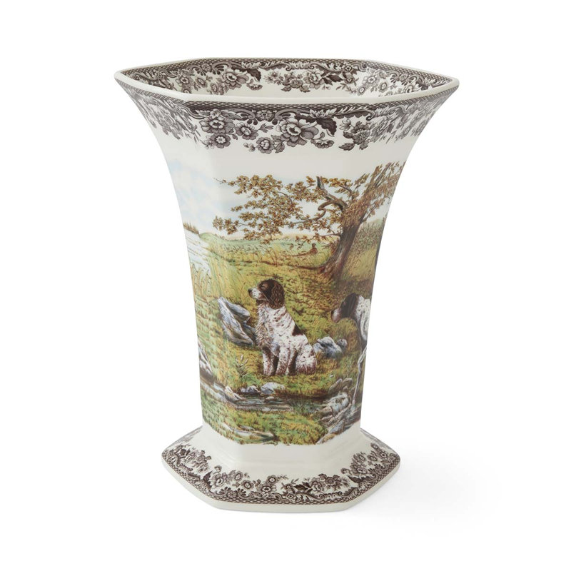 Spode – Woodland Hexagonal Vase, Hunting Dogs - BrownWhite