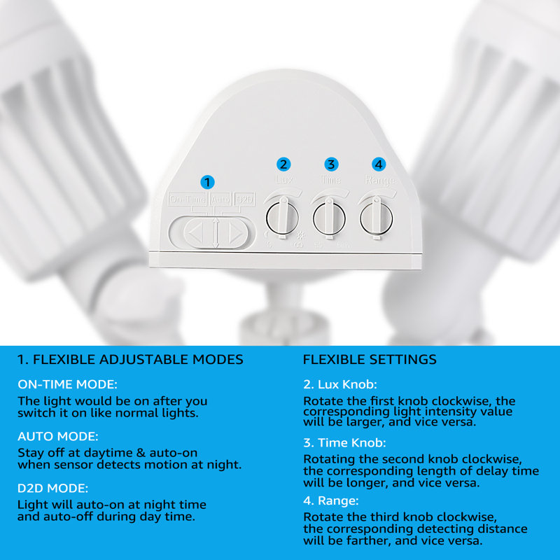 2 détecteurs de mouvement à DEL pour projecteur de sécurité extérieur, 3 modes d'éclairage, 3000K, Blanc