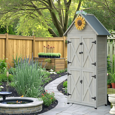 Wooden Outdoor Storage Cabinet,Tall Vertical Garden Tool Shed with Waterproof Metal Roof & Adjustable Feet – Perfect for Yard, Patio, Lawn & Deck