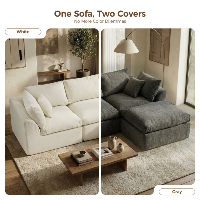 Boneless 108" Boneless Cloud Modular Sectional Sofa With 2 Washable Cover Sets, L-shape Deep Seat Couch With Ottoman & Toss Pillows, Oversized Comfy Living Room Sofa, Diy Color Refresh, White & Grey Covers