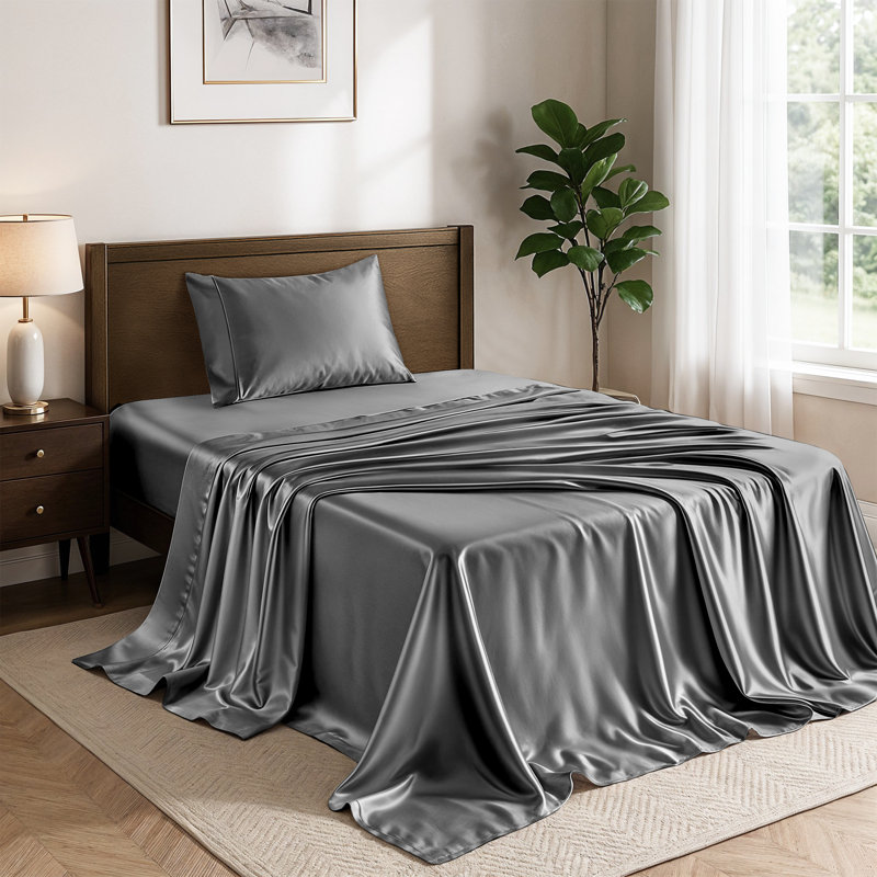 Drap-housse luxueux 4 pièces Lux Satin, Ensemble de draps pour lit simple avec 1 taie d'or, Gris foncé