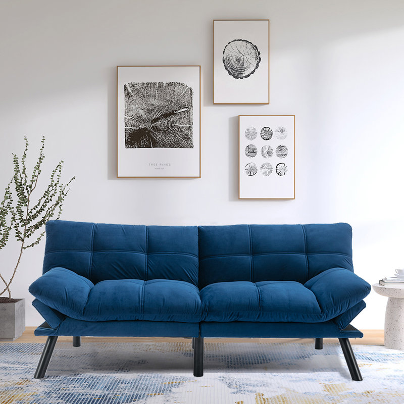 Debara 71'' Upholstered Futon Sofa, Memory Foam Futon Couch Bed, Modern Folding Sleeper Sofa, Blue Velvet