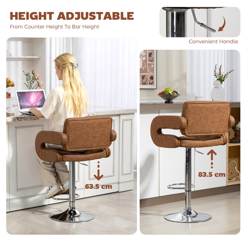 HOMCOM Bar Stool w/ Wide Seat U-Shaped Armrest PU Leather, Brown