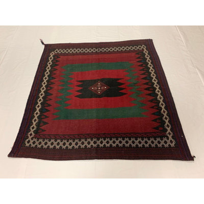 Tapis carré en laine noué à la main de conception unique de 4 pi 9 po de couleur rouille / vert / noir