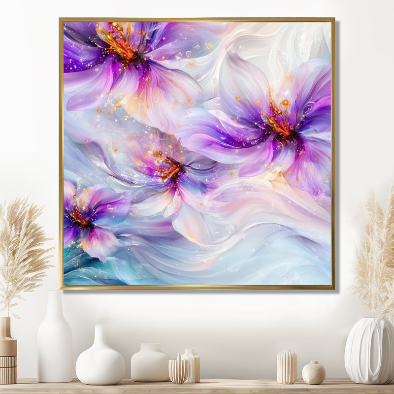 Natures, beauté, fleurs mauves, agate I - impression abstraite de fleurs murales, H 16 po x l 16 po, Gold