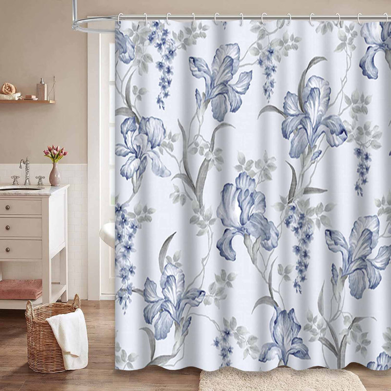 Rideau de douche à motif floral avec 12 crochets, L 72 po x l 78 po