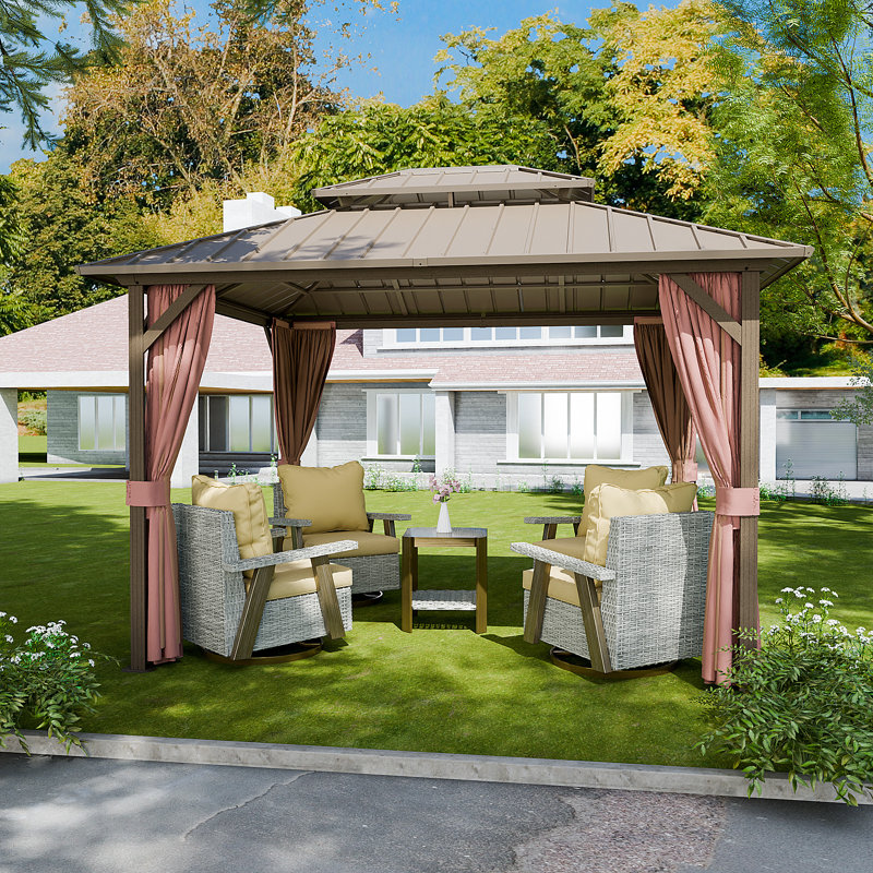 10 Ft. X 12 Ft. Aluminum Patio Gazebo with Double Steel Roof, Mosquito Netting, and Curtains