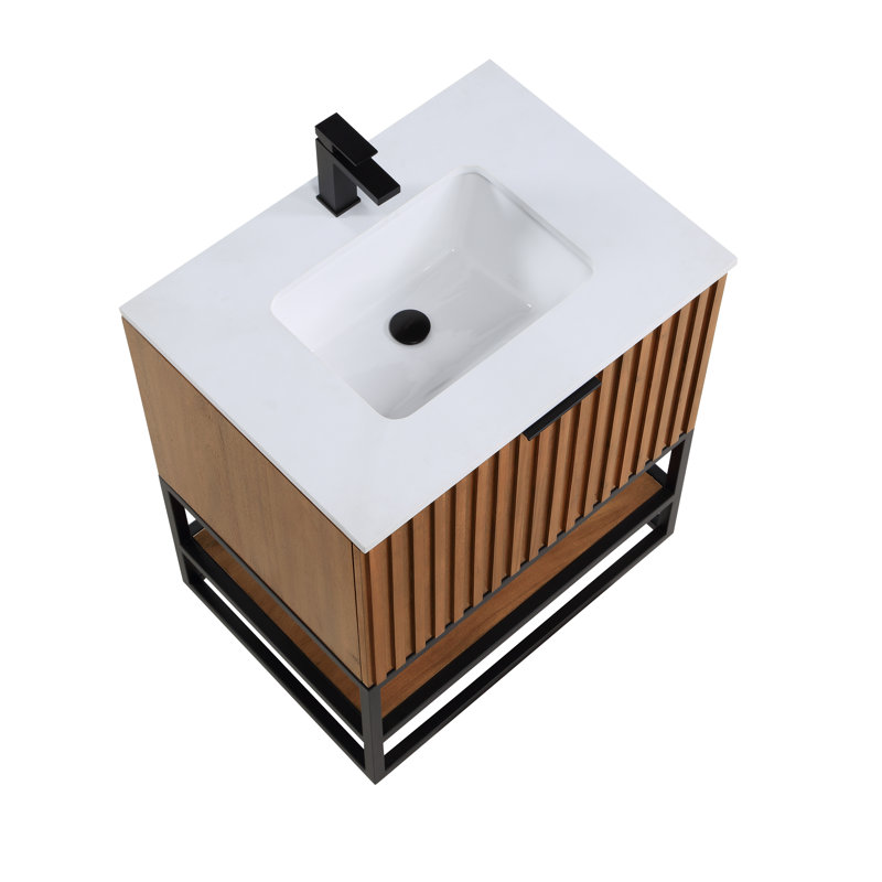 Terra 30'' W Single Vanity, White Quartz/Single Faucet Mount, Matte Black, Walnut