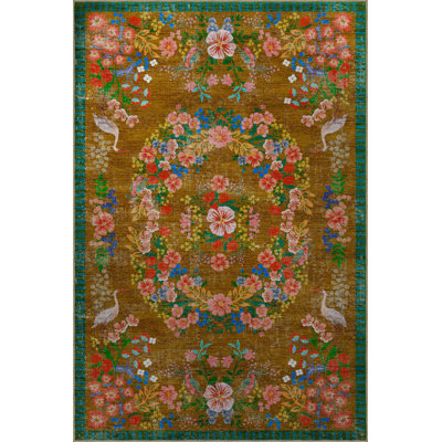 Tapis brun multicolore à motif floral multicolore