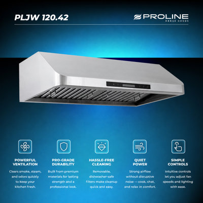 Hotte de cuisine professionnelle sous le cabinet PROLINE de 42 pouces, qualité commerciale, conduit, 900 pi³ / min, acier inoxydable, lumières DEL, commande tactile ACL, moteur de soufflage ULTRA-SILENCIEUX, 6 vitesses