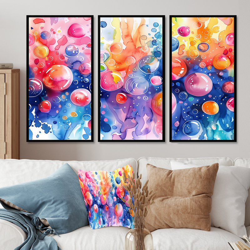 Ensemble de salon art mural aquariums roses et bleus II, H 28 po x l 36 po x P 1 po, Toile avec cadre flottant noir