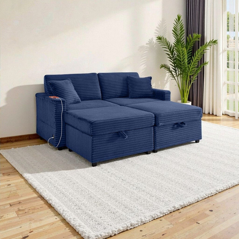 Boneless - Canapé paresseux en velours côtelé multifonctionnel, causeuse avec 2 repose-pieds avec rangement, table à plateau relevable et chargement USB?