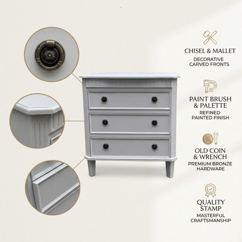 Elegant Byrum 65cm 3 Drawer Chest of Drawers - French Style Grey/Blue Finish Hand Finished Ready Assembled Furniture for Home