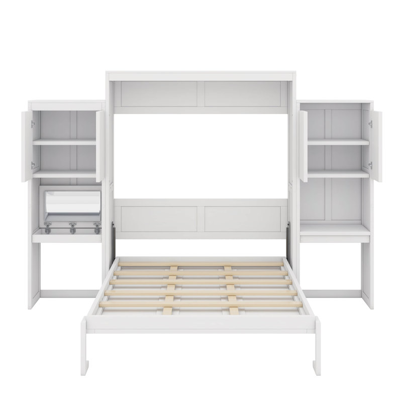 Grand lit mural avec coiffeuse et rangement, Blanc
