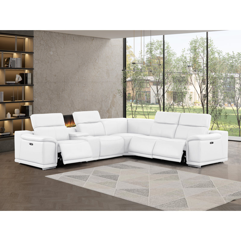 6-Piece L-Shaped Power Reclining Sectional In Genuine Leather – 3 Recliners, White Top Grain Leather