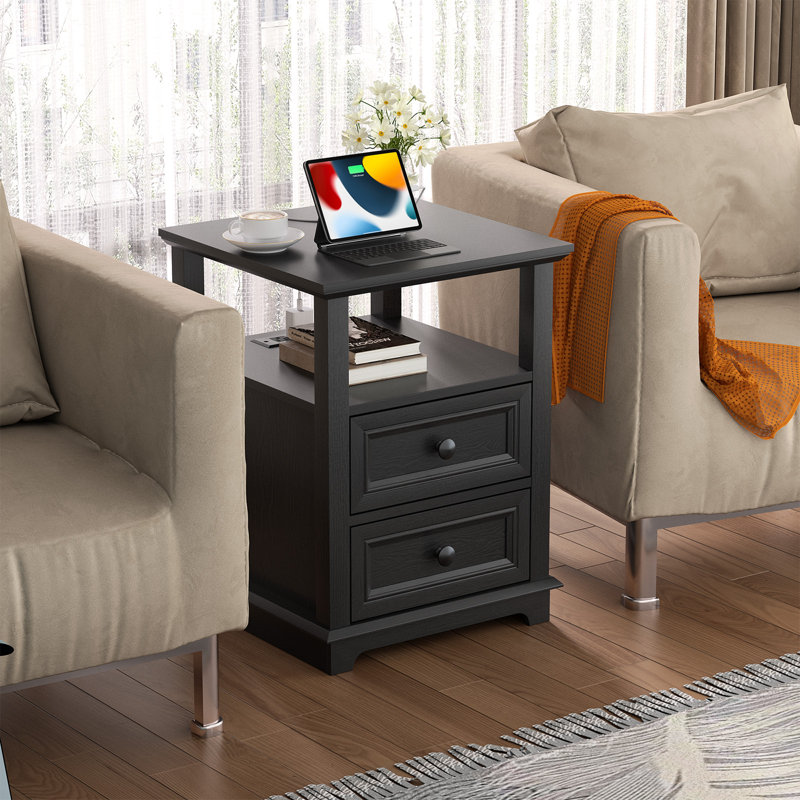 Azella Frame 2 End Table Set with Storage and Built-In Outlets, Antique Black