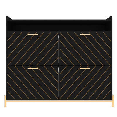 Armoire à chaussures moderne et spacieuse - 4 portes rabattables noires pour le vestibule, le couloir, le salon, le porche et les détails rustiques