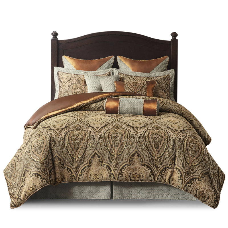 Édredon pour grand lit, motif médaillon, bleu et brun, surdimensionné, avec édredon, taies décoratives, coussins décoratifs européens, jupe de lit ajustable 9 grands, style, riche et 3