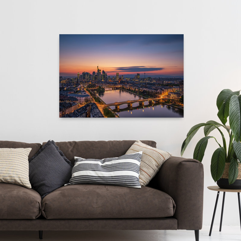 Francfort, coucher de soleil, horizon, ville moderne, architecture vibrante, impression d'art mural, H 32 po x l 48 po
