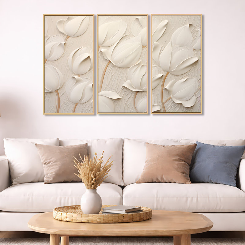 Minimalisme blanc tulipes symphonie - ensemble de reproductions d'art mural tulipes, Cadre flottant blanc, H 32 po x l 48 po