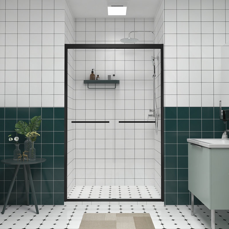 44-48"x76" Aluminum Frame Double Sliding Shower Door,Bypass Bathroom Sliding Door with Premium 1/4" (6mm) Clear Tempered Glass, Black Hardware Sliding Glass Shower Enclosure,Matte Black Finished