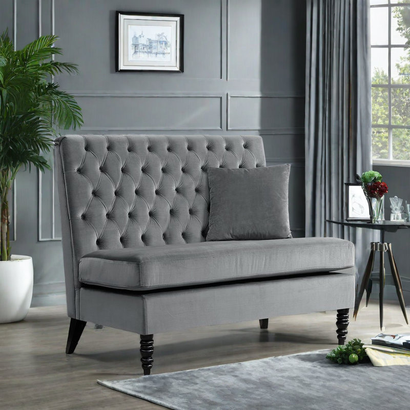 Banc rembourré en velours, Gris, 55 po de largeur