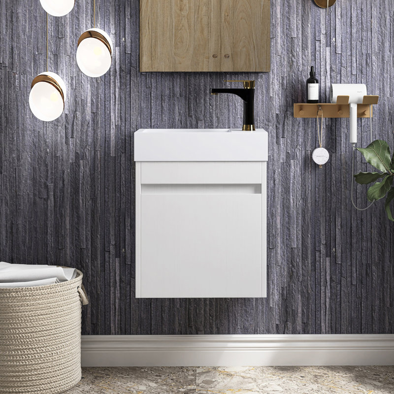 Ensemble de meuble-lavabo mural simple 18 po avec plateau Kulbir, Grain droit blanc